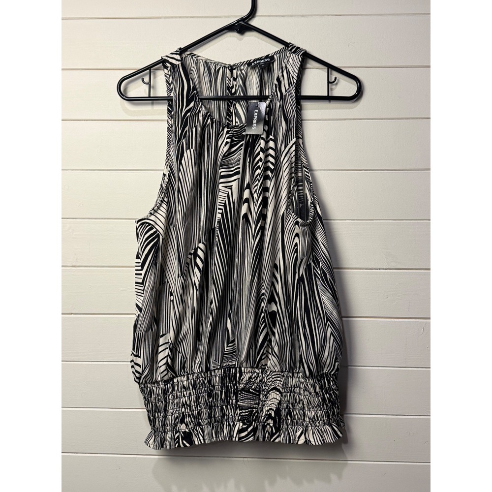 Express Sleeveless‎ Zebra Print Blouse Women XS Black White Smocked Hem NWT